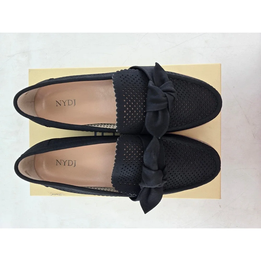 NYDJ Okoa Suede Loafers Womens 9 Black Perforated Bow Slip On - New